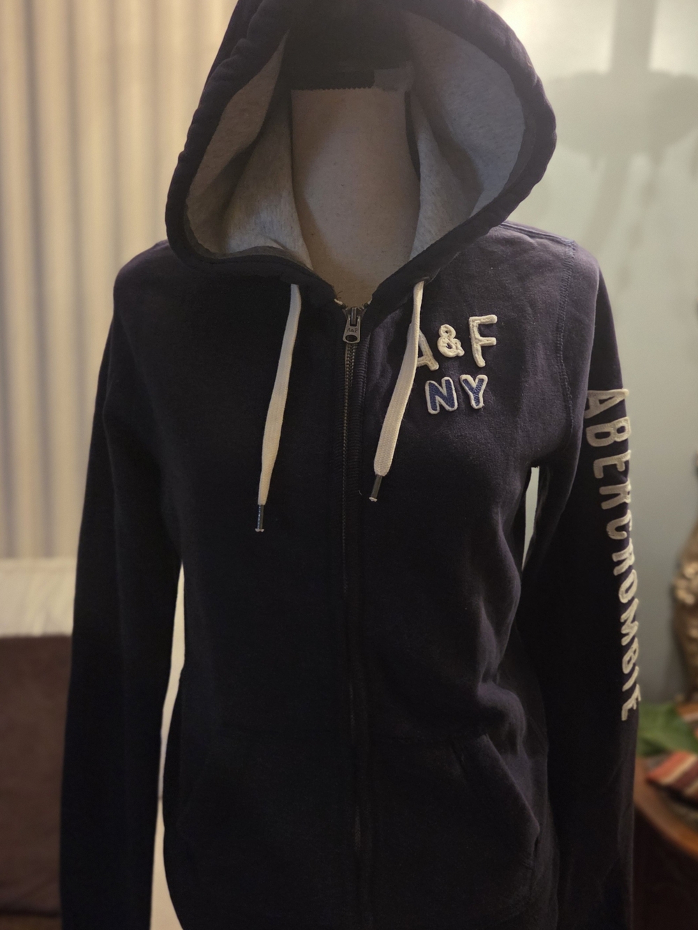 NWT Abercrombie & Fitch Navy Blue Spellout Full Zip Hoodie Size L